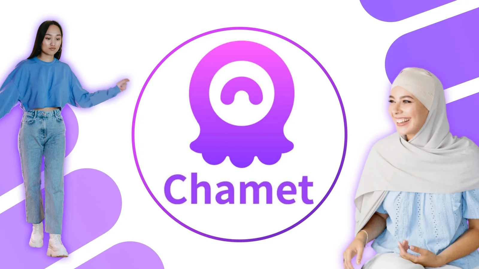 Chamet logo between two women holding phones