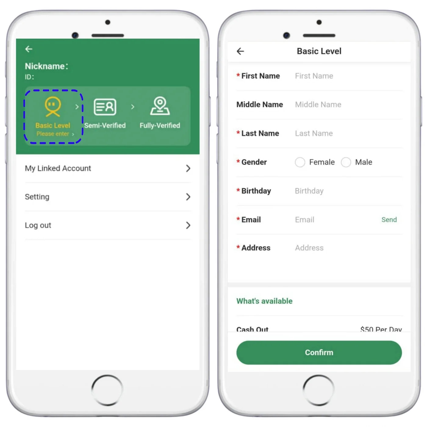 MetWallet Basic Level form showing a cash-out limit of US$50 per day