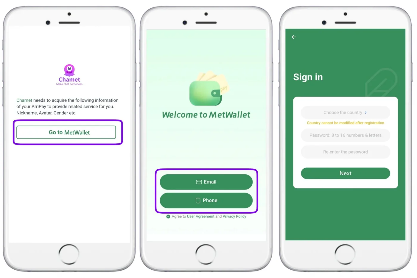 Go to MetWallet, choose Email or Phone, then sign in