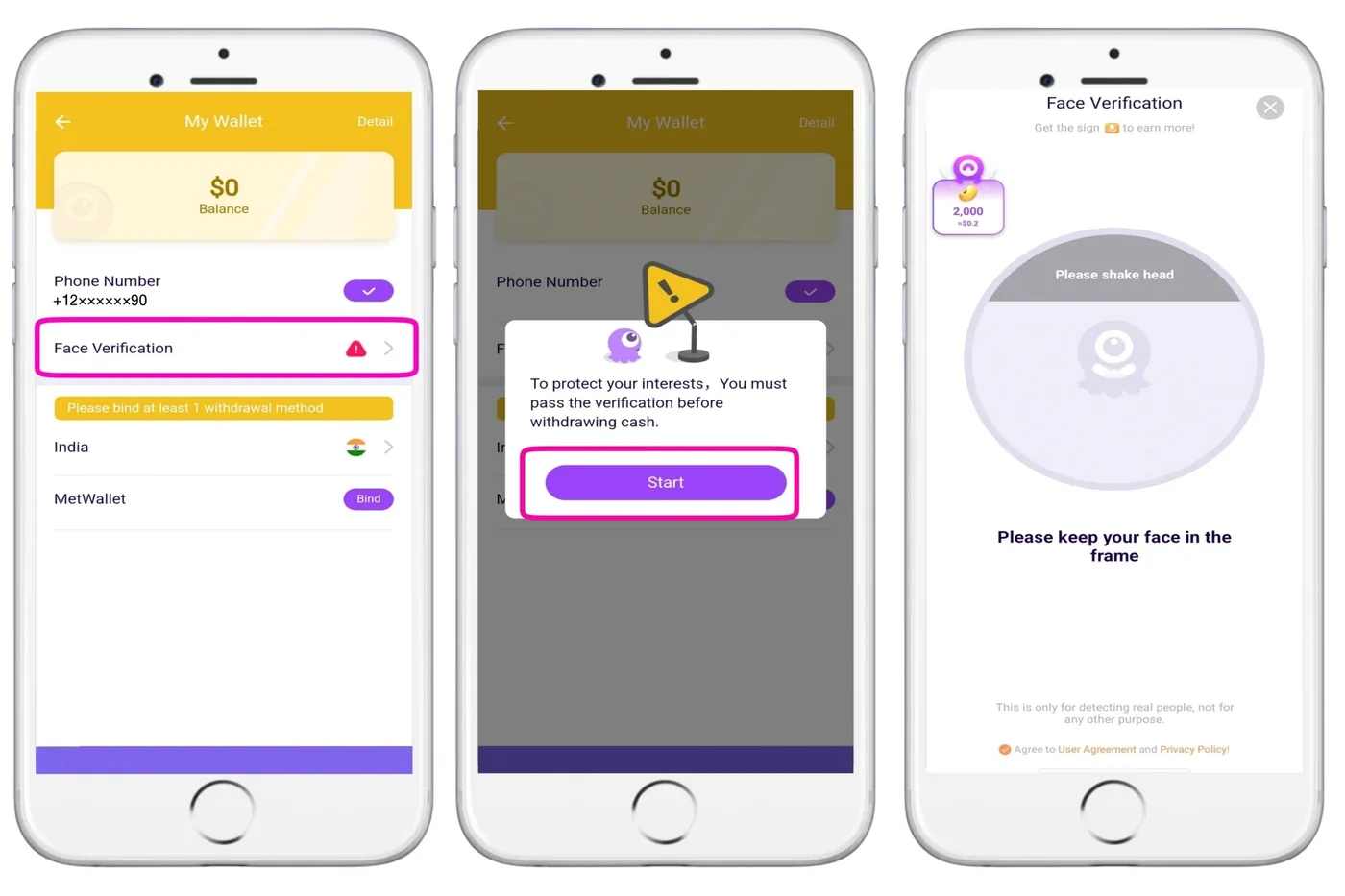 My Wallet, Face Verification, Start, and the face frame