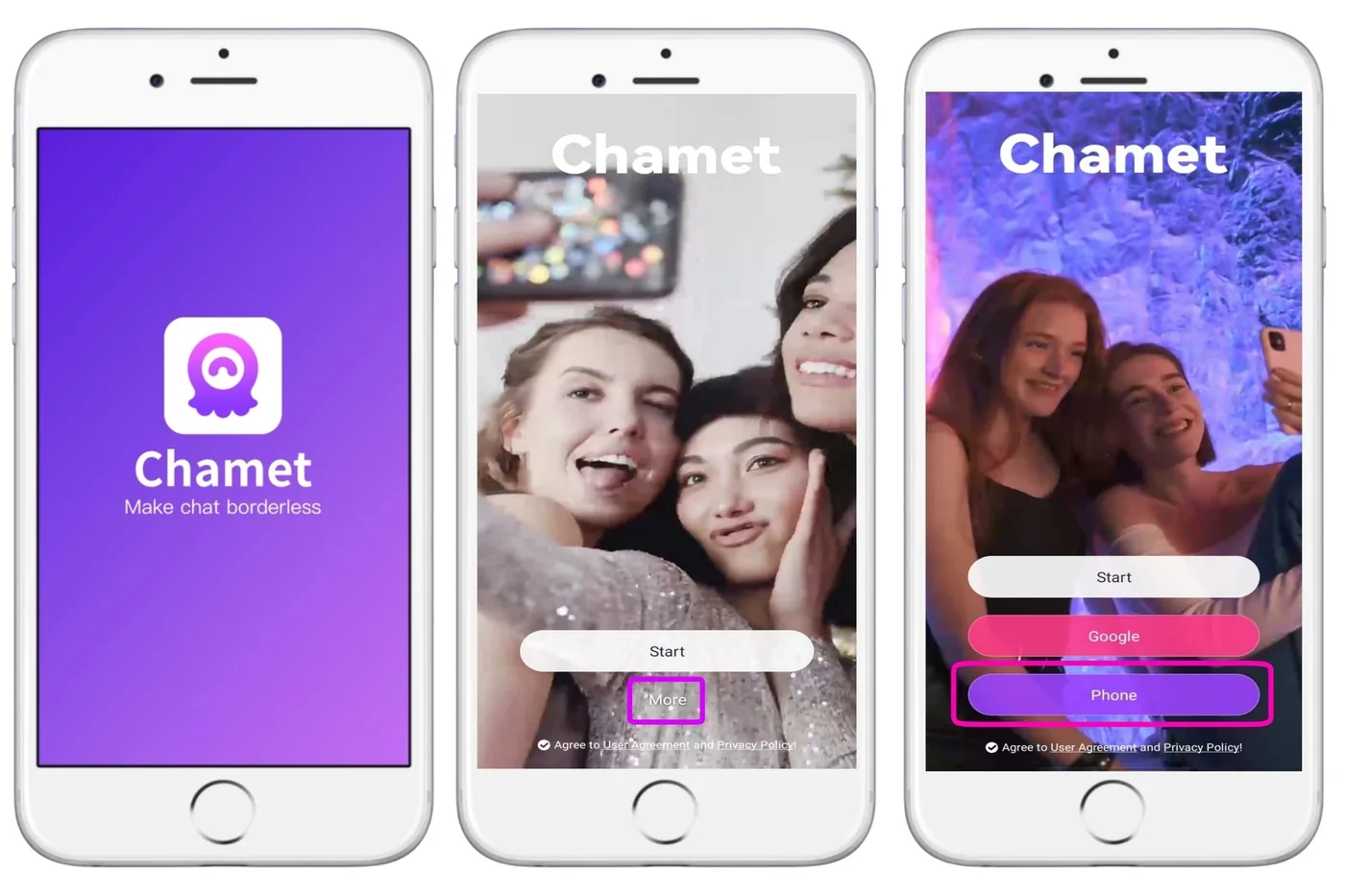 Chamet start screen: tap More, then Phone