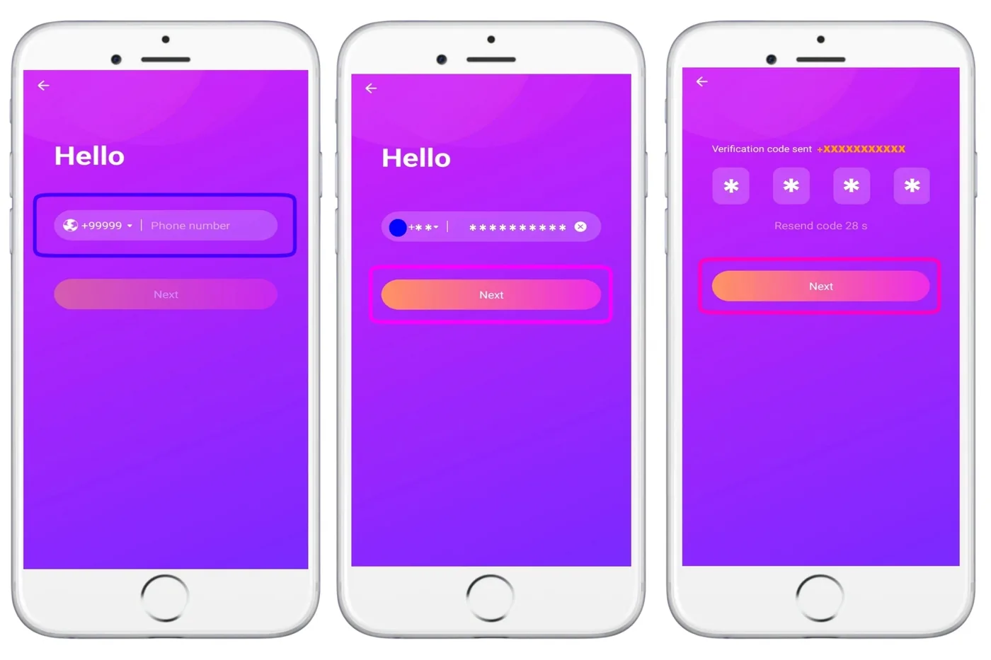 Entering the phone number, then the verification code