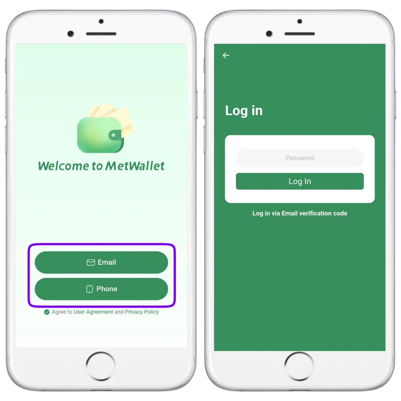 Welcome to MetWallet screen with Email and Phone sign-in