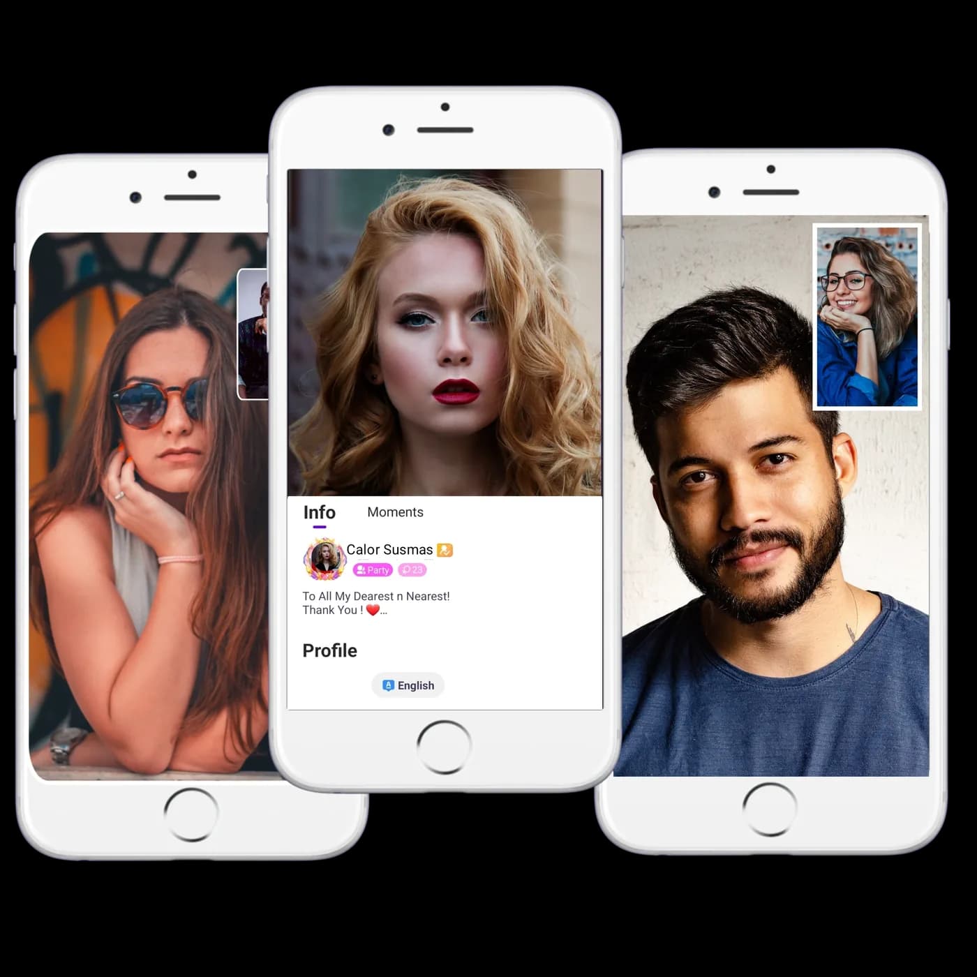 Three phones showing video call screens