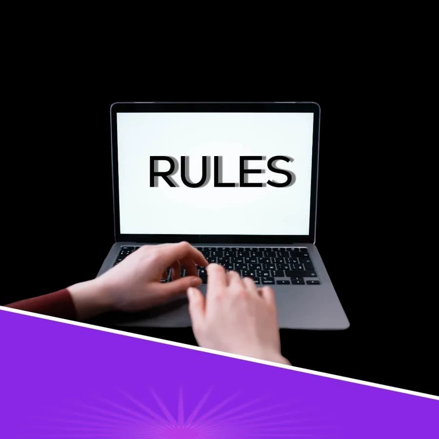 Laptop screen showing the word Rules