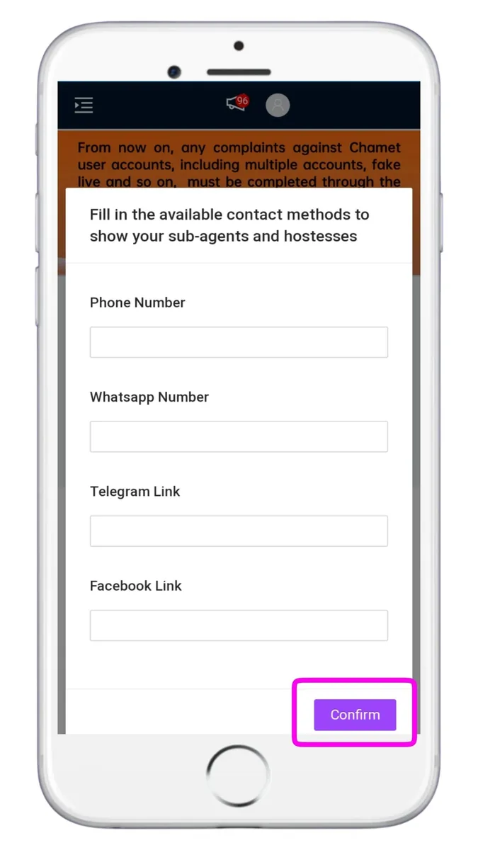 Contact methods form: phone, WhatsApp, Telegram and Facebook
