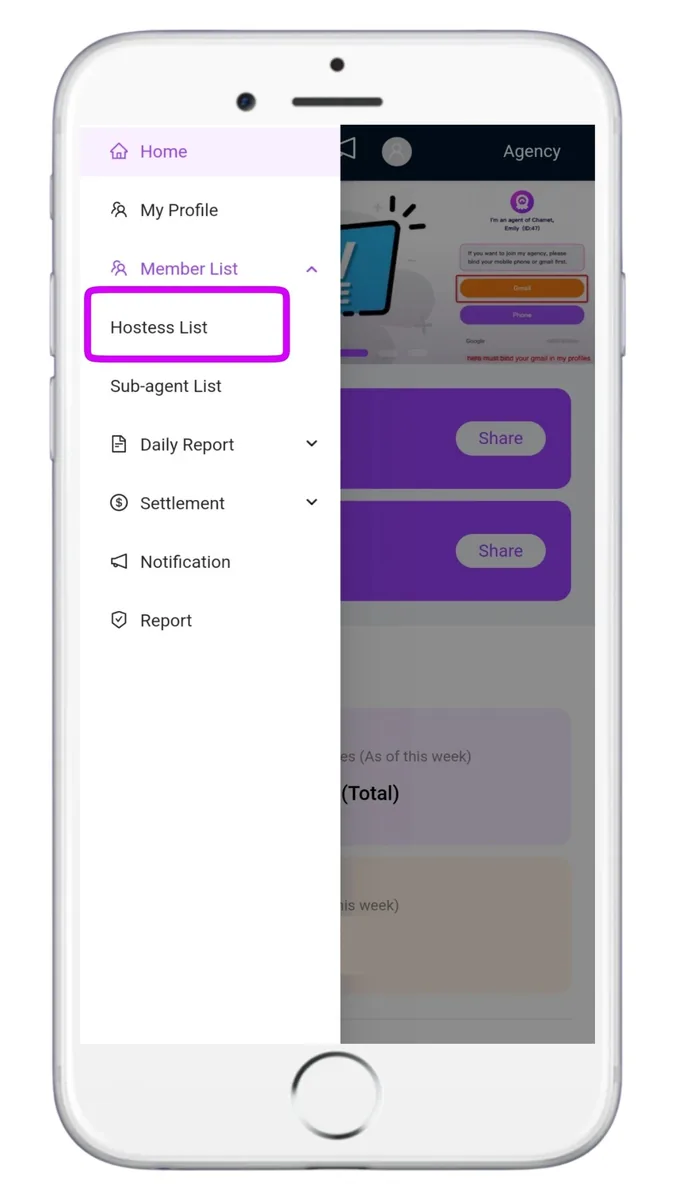 Dashboard menu: Member List, then Hostess List