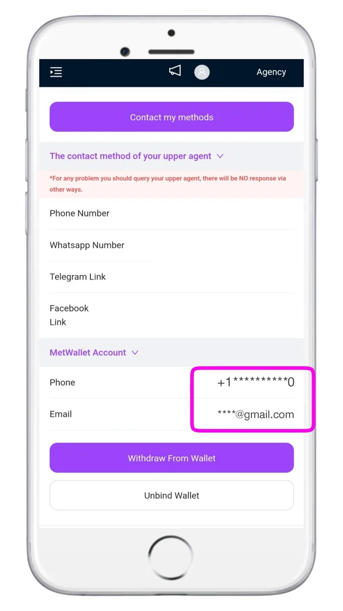 Dashboard contact methods page with the bound MetWallet account and Withdraw button