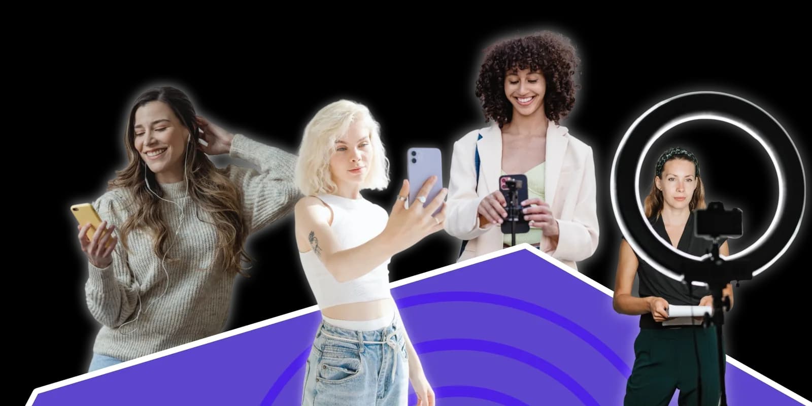 Young women recording themselves with a phone and a ring light